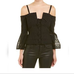 NWT BCBG BLACK COLD SHOULDER LACE TOP M $198